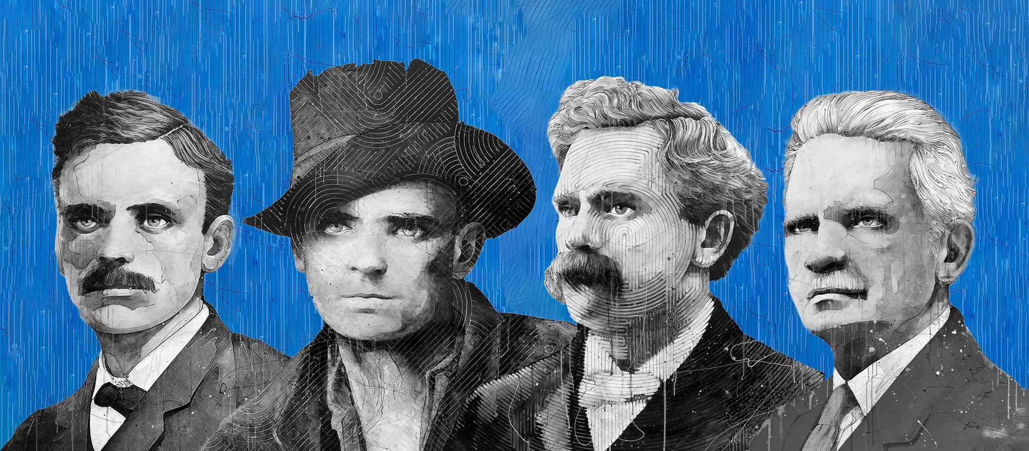 A digitally stylized collage showing Latter-day Saint historian and leader B. H. Roberts at four different stages of his life. From left to right: Roberts as a young man with a mustache in formal attire; in disguise wearing a worn hat and coat during his covert mission to retrieve the bodies of two murdered missionaries; as a middle-aged man with curly hair and a large mustache; and finally as an older man with white hair in a suit, gazing forward with a resolute expression. The background is a textured, vibrant blue with artistic linework.