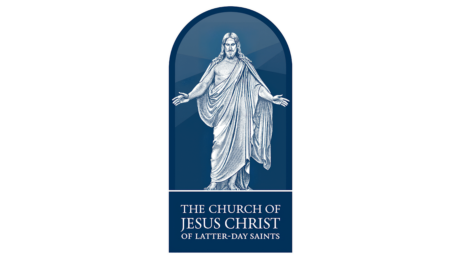 Logo of The Church of Jesus Christ of Latter-day Saints featuring a white illustration of the Christus statue with arms outstretched, framed in a rounded blue arch above the church name in white text.
