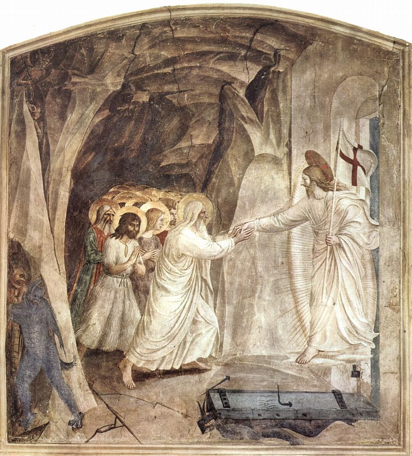 A fresco by Fra Angelico titled The Harrowing of Hell shows the resurrected Christ reaching out to Adam, leading a procession of righteous souls out of the gates of Hell. Christ, robed in white and holding a victory banner, stands in a radiant archway. Adam, Eve, and other figures with halos move toward Him. A broken door lies at Christ’s feet, and a defeated demon crouches in the shadow.