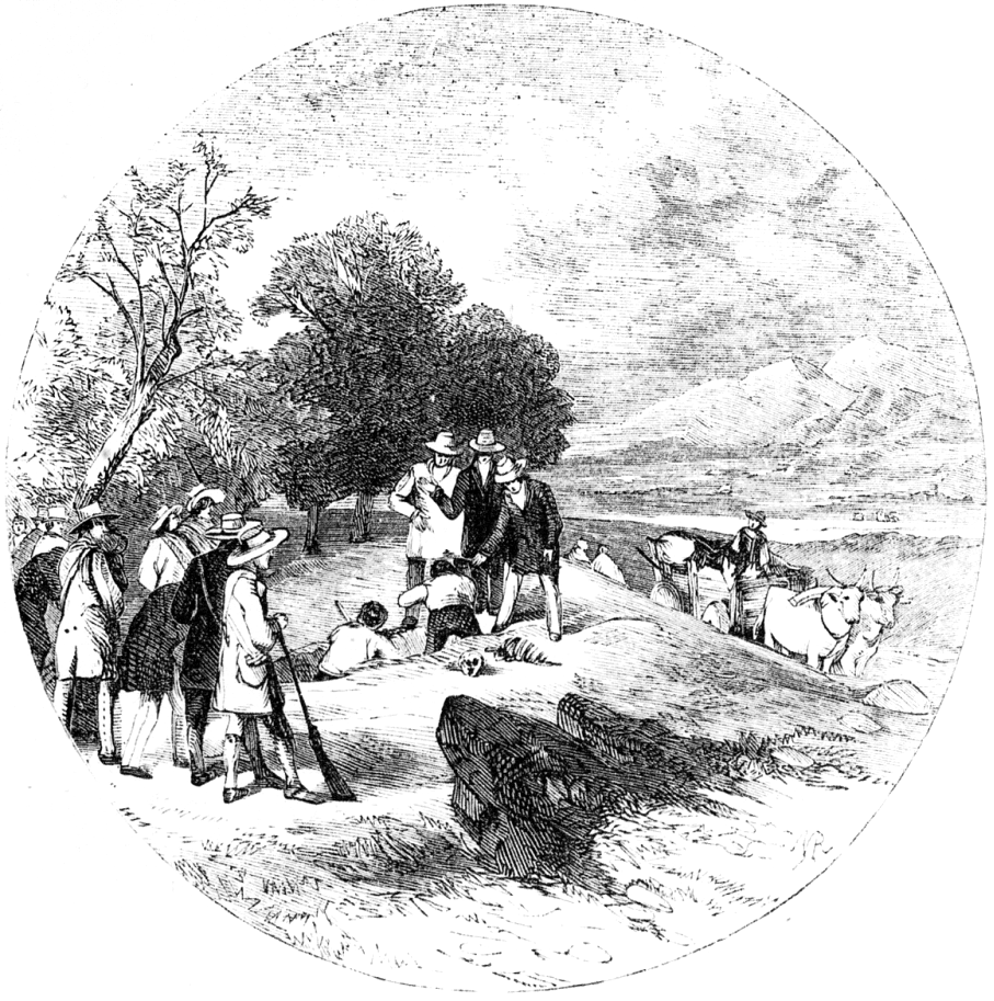 A circular black and white engraving from the April 1853 issue of Harper's New Monthly Magazine, depicting a few men digging up bones from a mound while others watch, an artistic depiction of the excavation of Zelph the Lamanite by Joseph Smith.