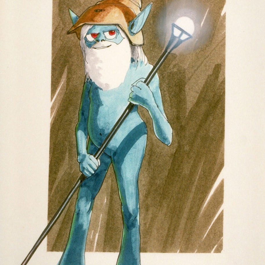 Early Yoda concept art from artist Joe Johnston, depicting a thin, blue humanoid creature with a garden gnome-like head and beard.