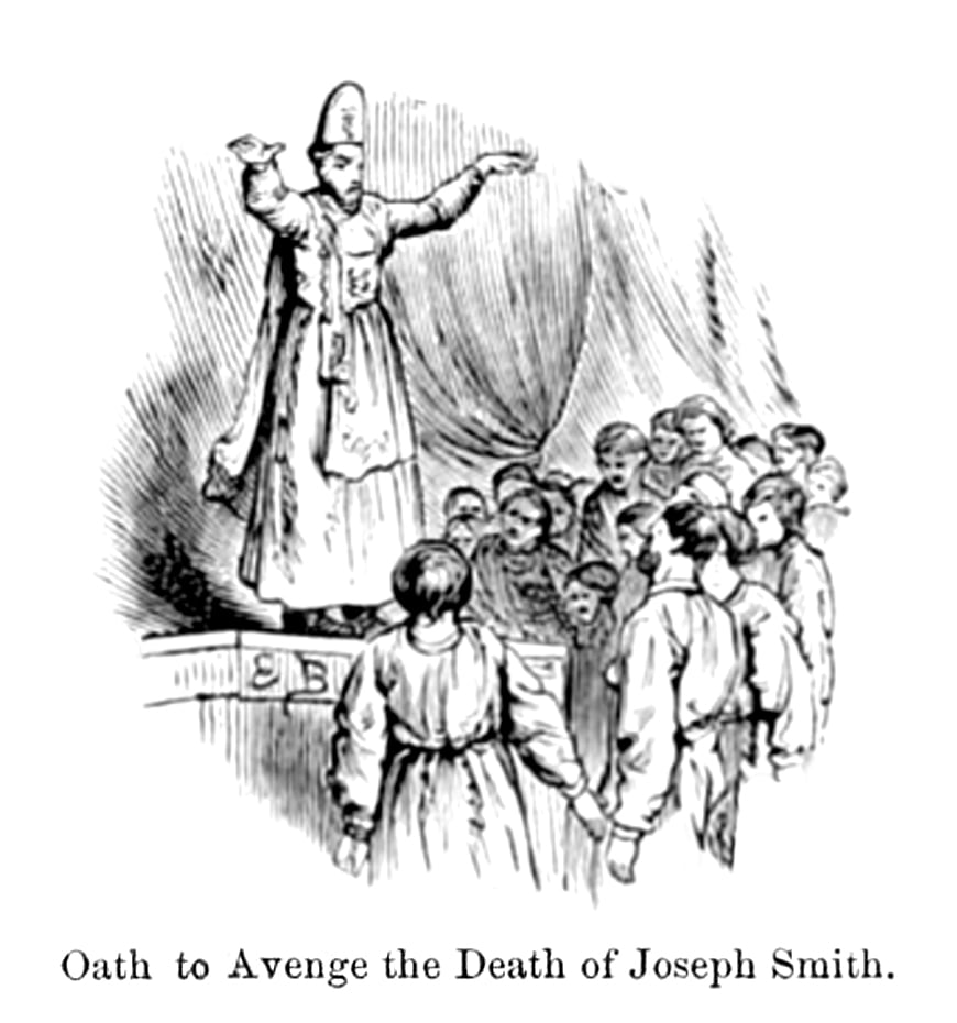 A black and white engraving of a man in robes preaching to a crowd from a stage, from John H Beadle's 1870 exposé 'Life in Utah,' dramatically depicting Latter-day Saint the Oath of Vengeance from the temple endowment.