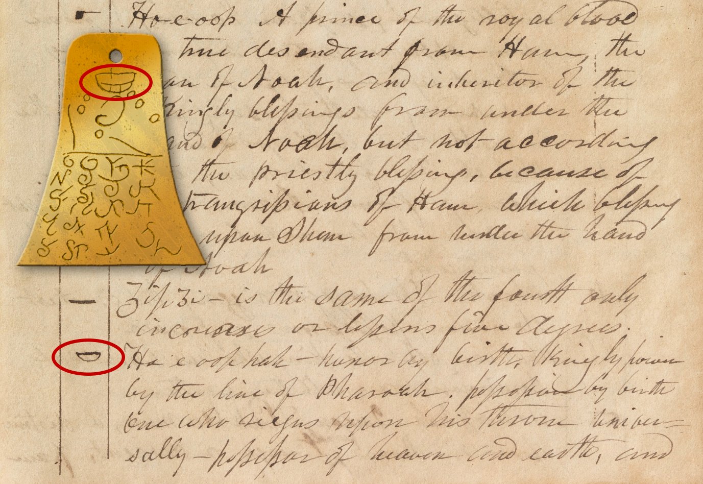 A diagram showing one of the Kinderhook plates on top of a hand written page from Joseph Smith's Grammar and Alphabet of the Egyptian Language with red circles comparing two similar symbols.