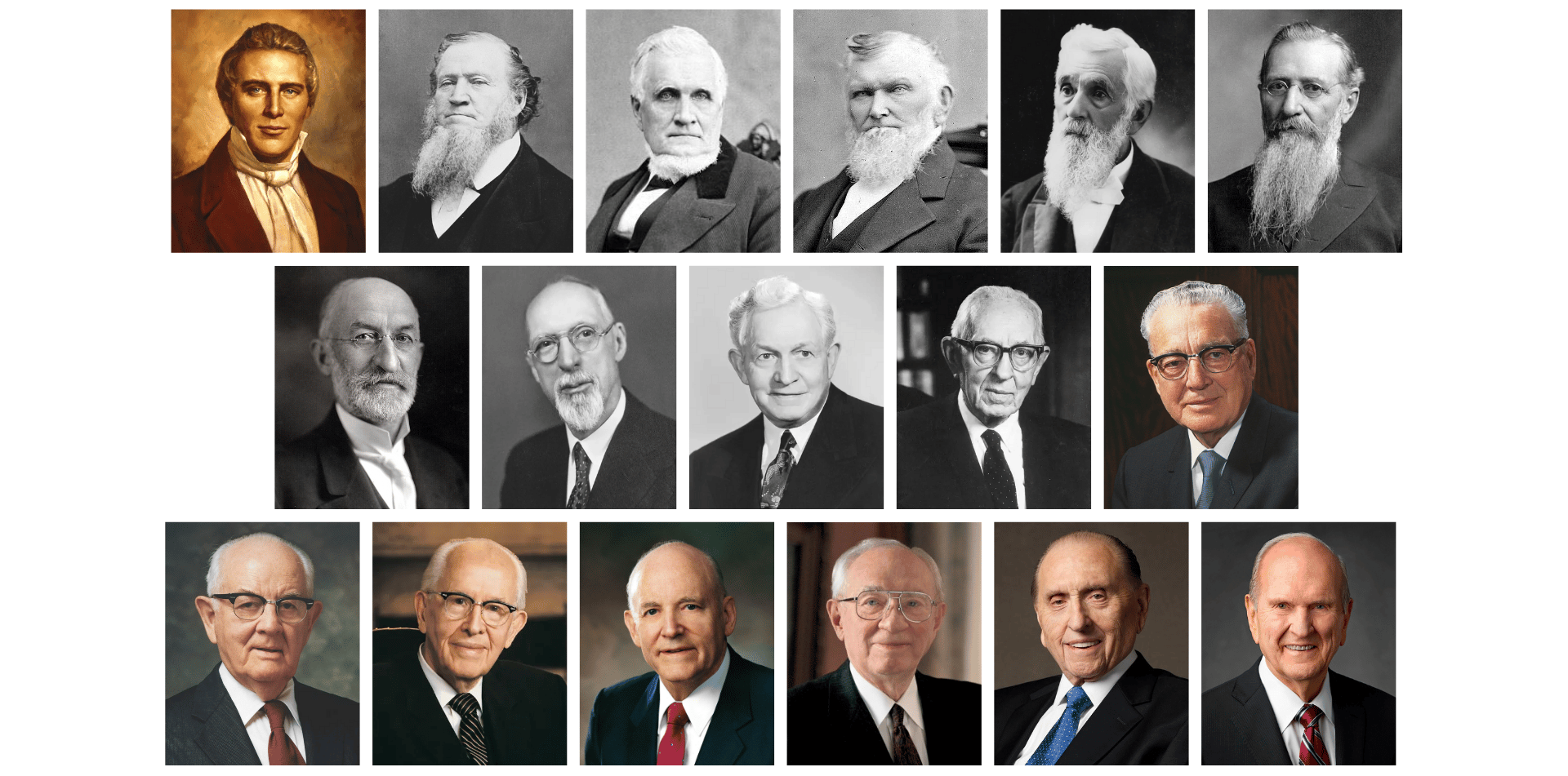 A composite image featuring portraits of the presidents of The Church of Jesus Christ of Latter-day Saints, arranged in three rows in chronological order. The top row begins with Joseph Smith, the founding prophet, followed by Brigham Young and other early leaders in black-and-white or sepia-toned images. The second row continues with mid-20th-century leaders, transitioning from black-and-white to early color photography. The bottom row displays more recent church presidents in full-color photographs, ending with the current president, Russell M. Nelson.