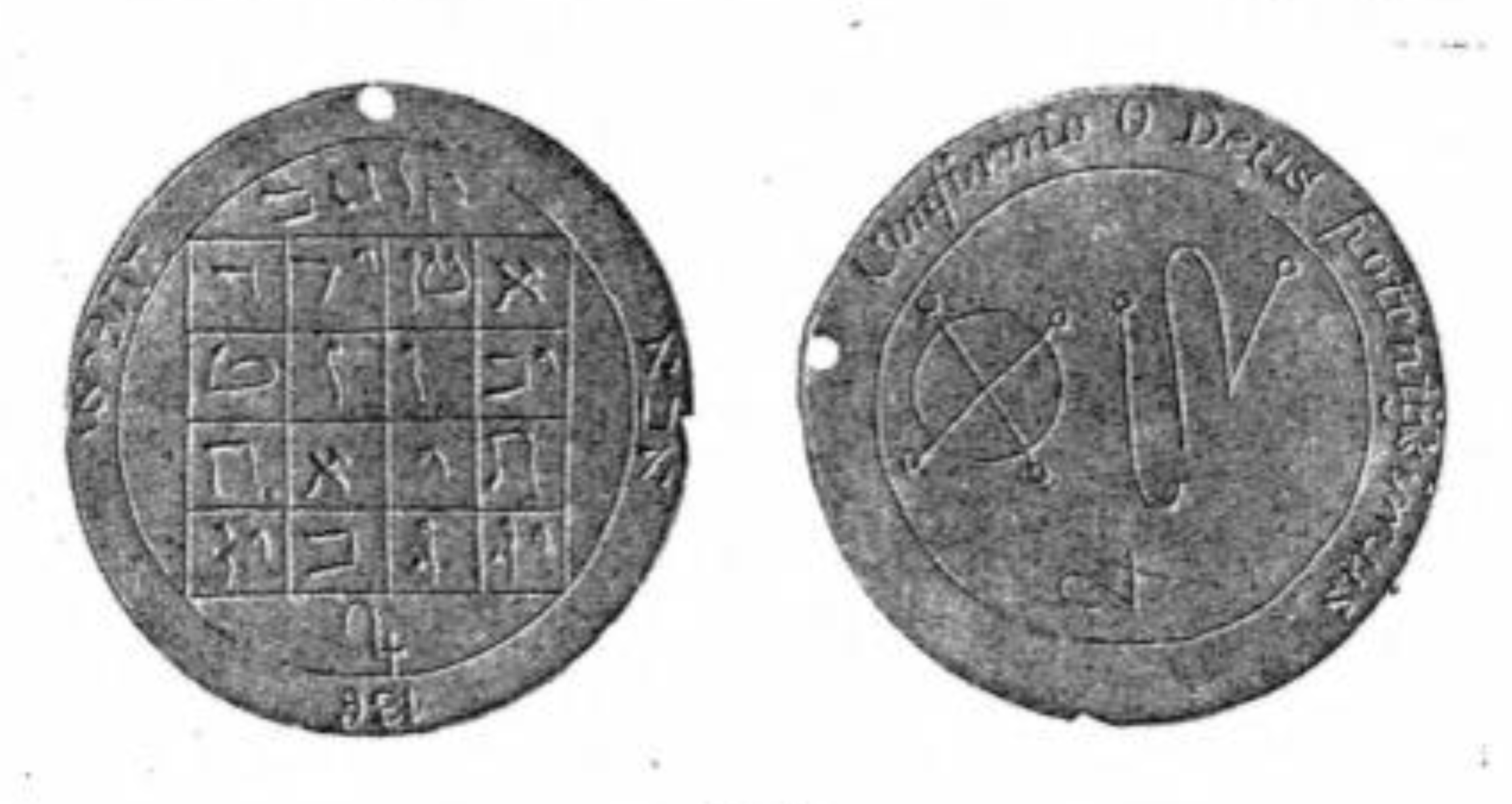 Jupiter Talisman example consisting of two sides of a coin, both covered in symbols.