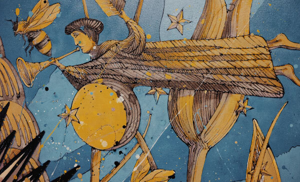 ラッパを持つ黄金の天使モロナイを描いた、ジミー・トロによる絵画の一部。