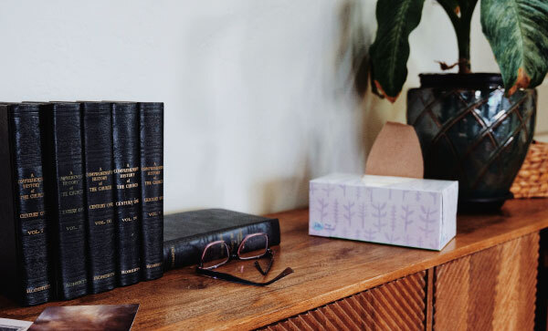 Volumes of "A Contemporary History of The Church," glasses, a tissue box, and a potted plant on top of a wooden cabinet.