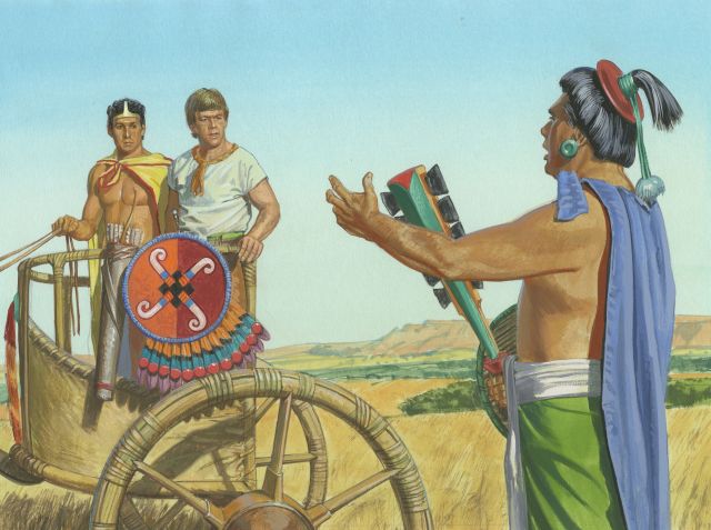 Een gekleurde schilderijillustratie uit Book of Mormon Stories uit 1978, waarin Ammon en koning Lamoni met de vader van koning Lamoni spreken terwijl ze in een strijdwagen staan.