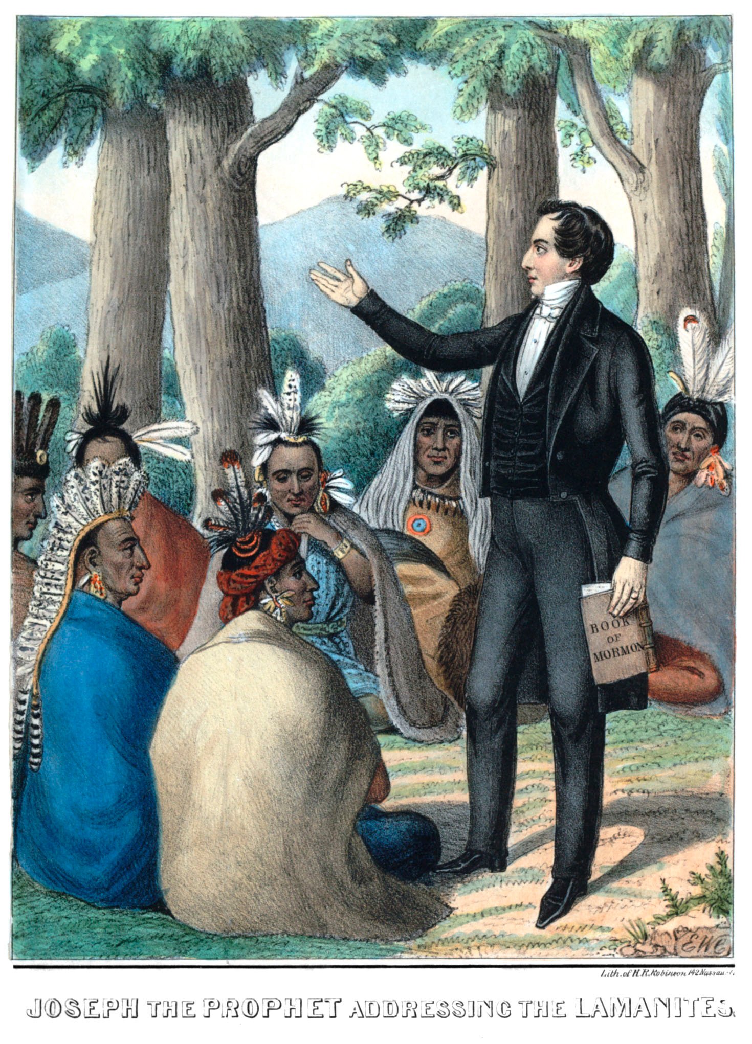 Une lithographie en couleur de 1844, réalisée par Edward Williams Clay et Henry R. Robinson, montrant Joseph Smith fils tenant un exemplaire du Livre de Mormon et tendant la main vers un groupe d’Indiens d’Amérique, sous-titrée « Joseph le prophète s’adressant aux Lamanites. »