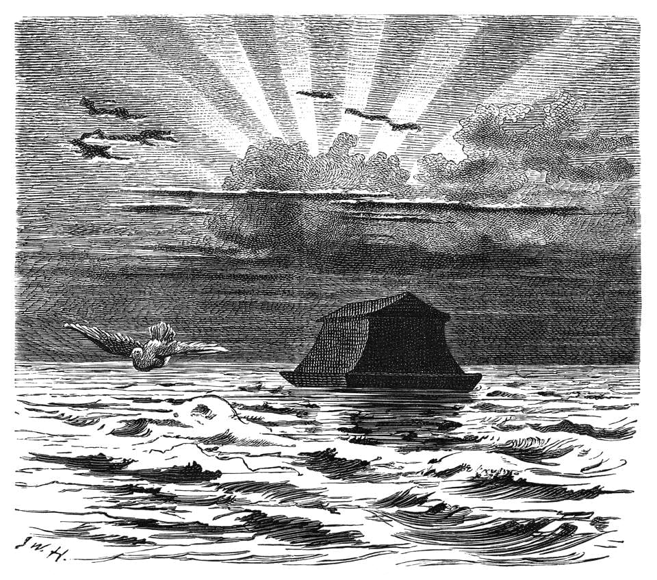 Un grabado en madera de 1880 del arca de Noé en el océano después del gran diluvio, basado en un dibujo de Friedrich Wilhelm Heine.