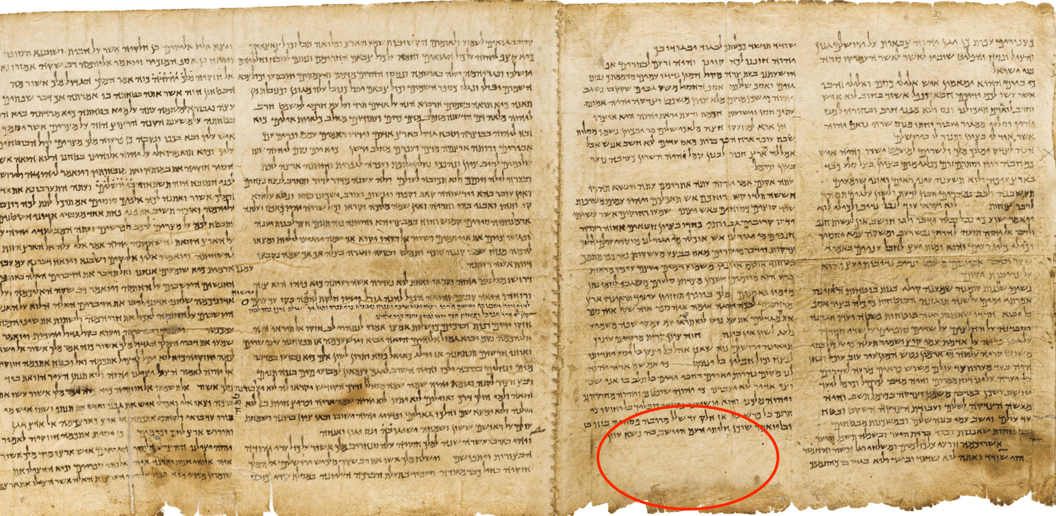Image de deux parties d’un ancien rouleau avec une écriture hébraïque. Le coin inférieur gauche du rouleau de droite présente une rupture dans le texte.