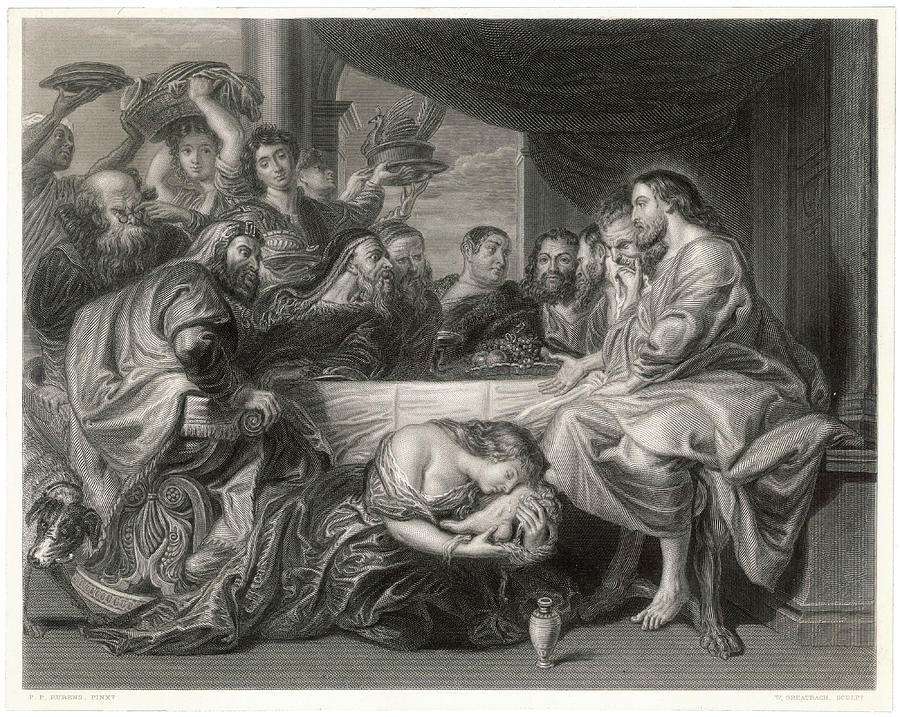 Isang ukit ni Maria ng Betania na naghuhugas at nagpapahid sa mga paa ni Jesus mula sa Bagong Tipan ng Biblia.