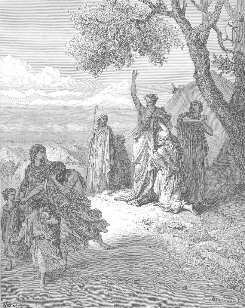 Uma gravura em preto e branco chamada “Noé amaldiçoa Canaã”, de Gustave Doré, em 1865, mostrando Noé levantando a mão para amaldiçoar Canaã, que foge com sua família.