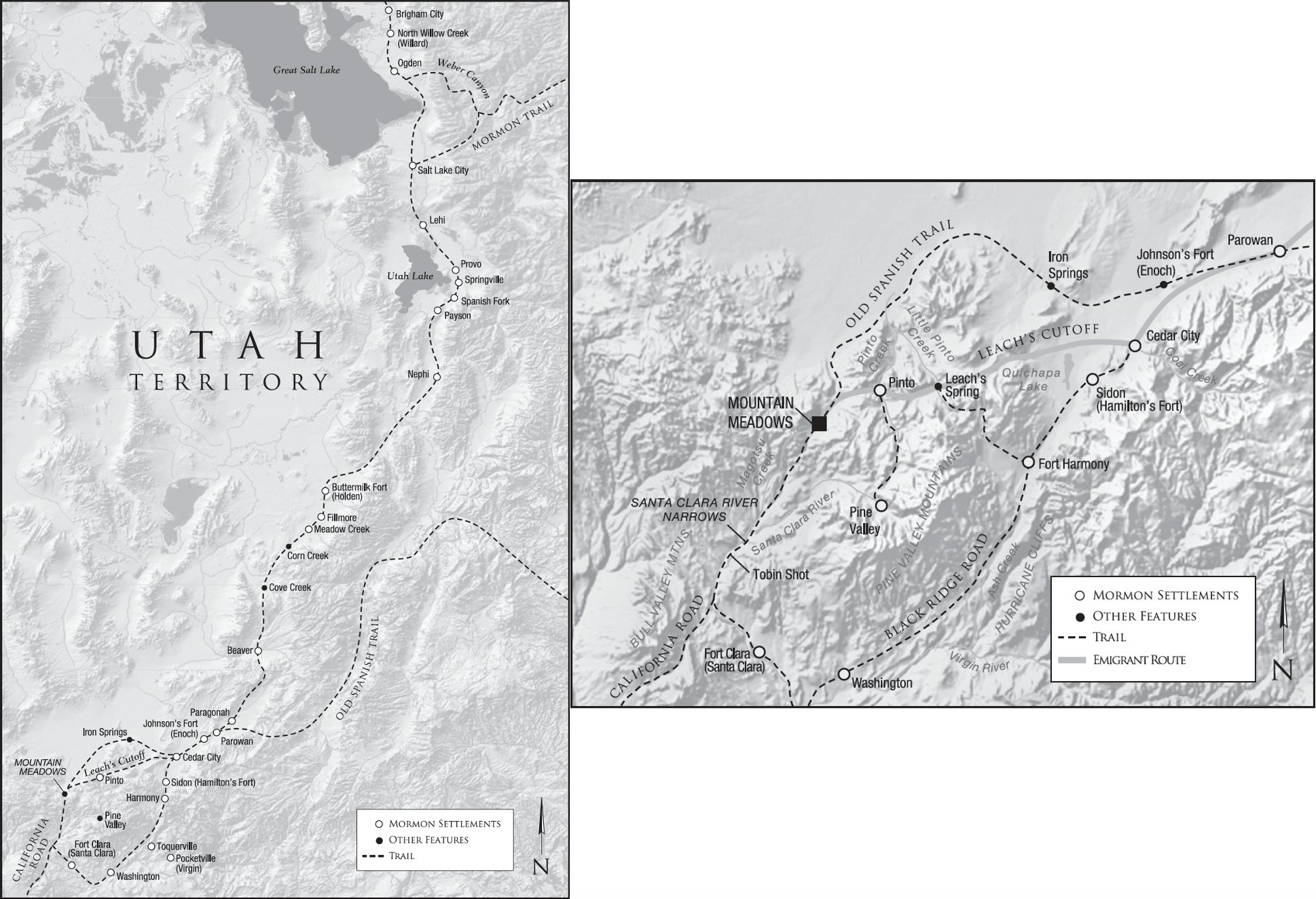 Mappa del Territorio dello Utah (a sinistra) e dell’area nello Utah meridionale intorno al sito del Mountain Meadows Massacre (a destra). Mappe di Sheryl Dickert Smith e Tom Child e stampate in Massacre at Mountain Meadows (2008).
