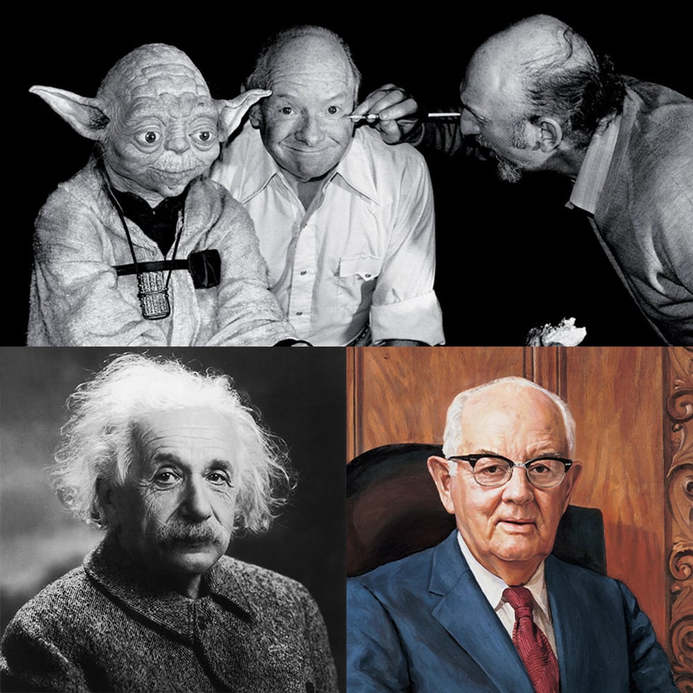 Arriba: una foto del títere de Yoda, Stuart Freeborn e Irvin Kershner. Abajo a la izquierda: Albert Einstein. Abajo a la derecha: Spencer W. Kimball.