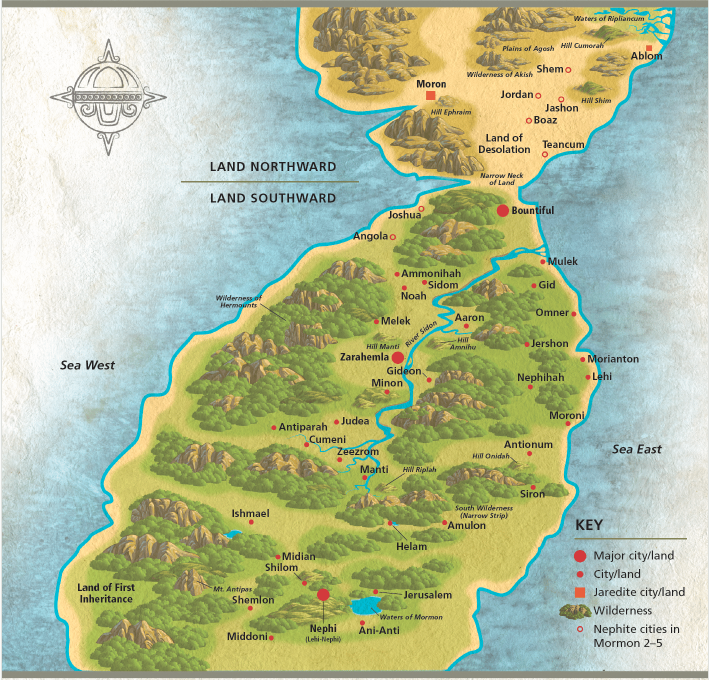 Un mapa estilizado de las tierras del Libro de Mormón que muestra la “Tierra del Norte” y la “Tierra del Sur” separadas por un estrecho cuello de tierra. El mapa etiqueta ríos principales, tierras silvestres, colinas y mares (Mar del Oeste y Mar del Este). Ciudades y tierras están marcadas con puntos rojos, incluyendo Zarahemla, Abundancia, Moroni, Nefi, Cumeni, Manti, Gedeón y otras. Ciudades jareditas como Morón y Shem aparecen en la Tierra del Norte. Una clave indica símbolos para ciudad/tierra principal, ciudad/tierra, ciudad/tierra jaredita, tierra silvestre y ciudades nefita en los capítulos 2–5 de Mormón.