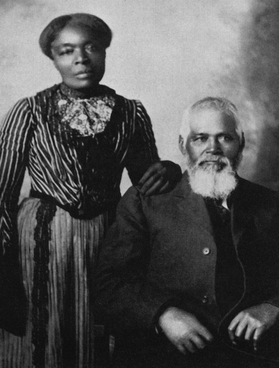 A black and white portrait of Black Latter-day Saints Samuel and Amanda Chambers, circa 1900.