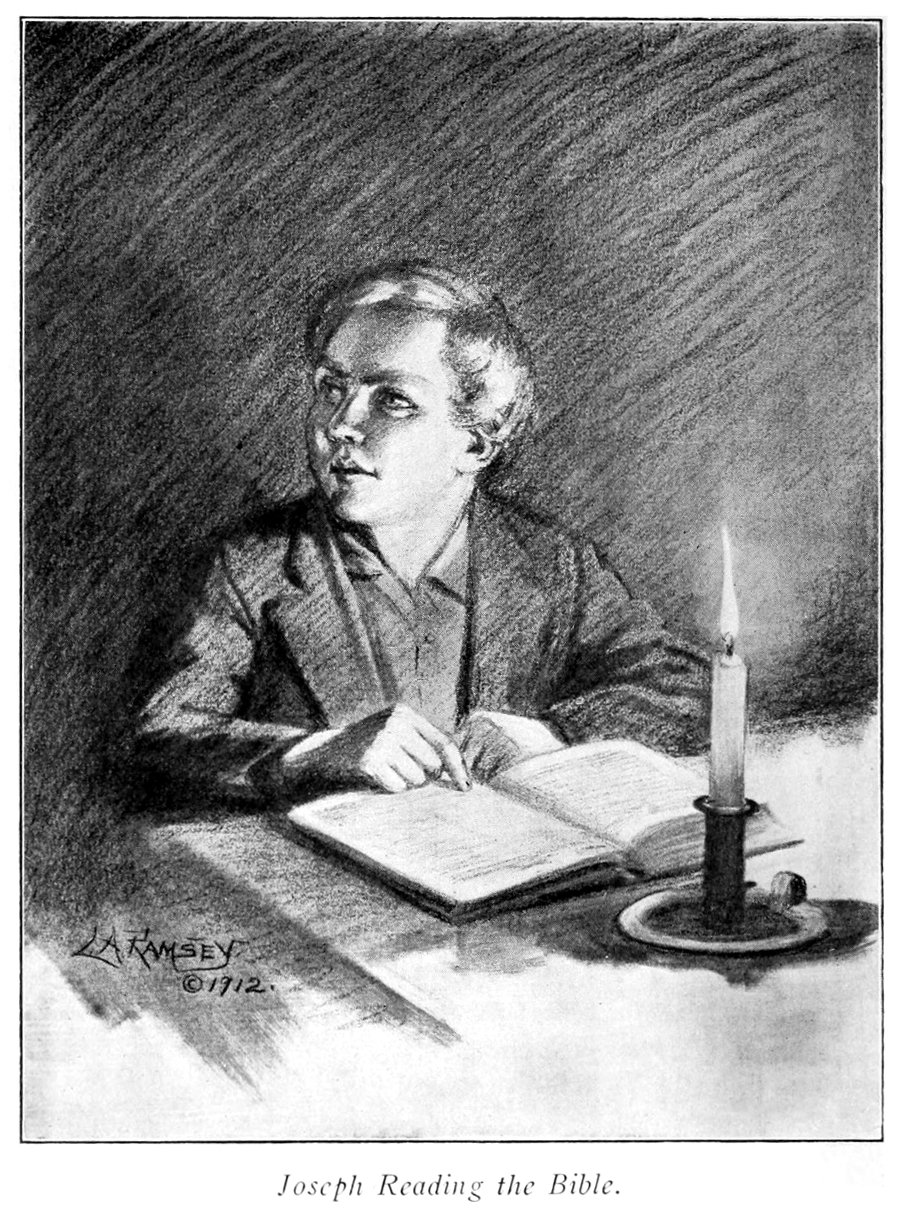 A black and white illustration of a young Joseph Smith studying his bible by candlelight with the caption 'Joseph Reading the Bible,' by LA Ramsey, from the book 'From Ploughboy to Prophet,' 1912.